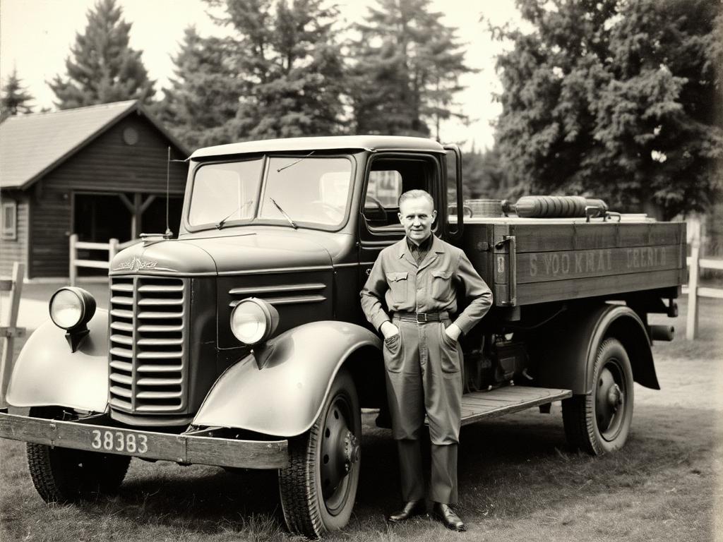 Arkivbild från 1930-talet med lastbil och gengasaggregat